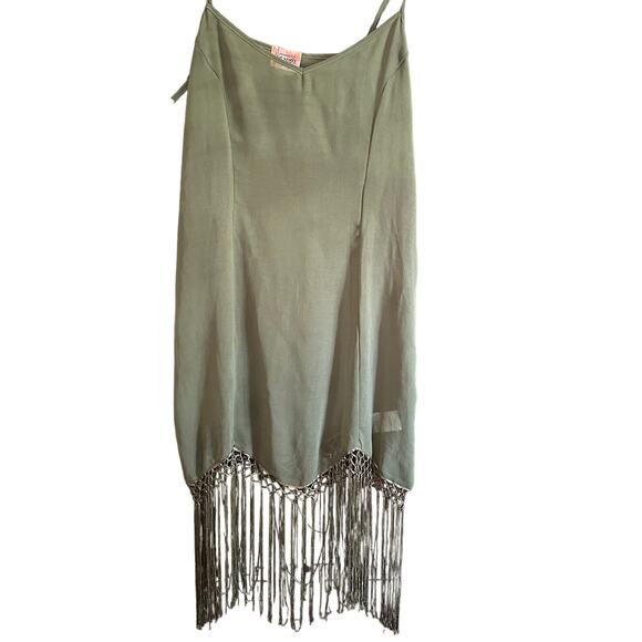 FREE PEOPLE | Intimately Sheer Olive Green Slip Dress with Fringe Trim | Small - Picture 1 of 4